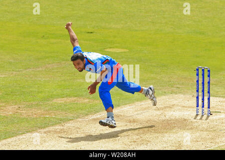 Leeds, UK. 04th July, 2019. Mujeeb Ur Rahman of Afghanistan bowling during the Afghanistan v West Indies, ICC Cricket World Cup match, at Headingley, Leeds, England. Credit: csm/Alamy Live News Stock Photo