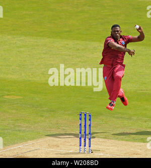 Leeds, UK. 04th July, 2019. Sheldon Cottrell of West Indies bowling during the Afghanistan v West Indies, ICC Cricket World Cup match, at Headingley, Leeds, England. Credit: csm/Alamy Live News Stock Photo