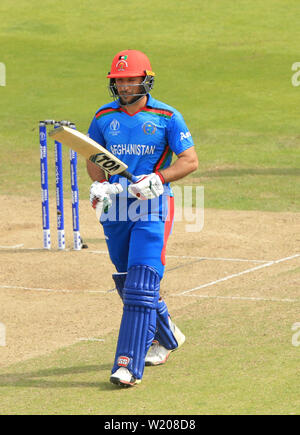 Leeds, UK. 04th July, 2019. Rahmat Shah of Afghanistan celebrates scoring a half century during the Afghanistan v West Indies, ICC Cricket World Cup match, at Headingley, Leeds, England. Credit: csm/Alamy Live News Stock Photo