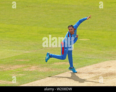 Leeds, UK. 04th July, 2019. Mohammad Nabi of Afghanistan bowling during the Afghanistan v West Indies, ICC Cricket World Cup match, at Headingley, Leeds, England. Credit: csm/Alamy Live News Stock Photo