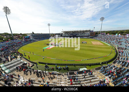 Leeds, UK. 04th July, 2019. A general view as the teams line up for the national anthems during the Afghanistan v West Indies, ICC Cricket World Cup match, at Headingley, Leeds, England. Credit: csm/Alamy Live News Stock Photo