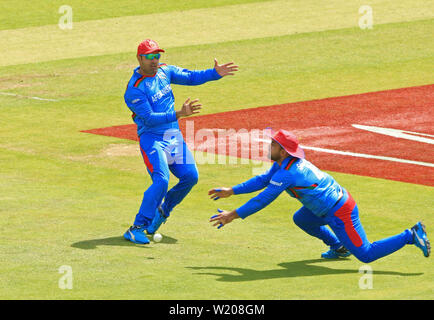 Leeds, UK. 04th July, 2019. Afghanistan fielders fail to take a catch during the Afghanistan v West Indies, ICC Cricket World Cup match, at Headingley, Leeds, England. Credit: csm/Alamy Live News Stock Photo
