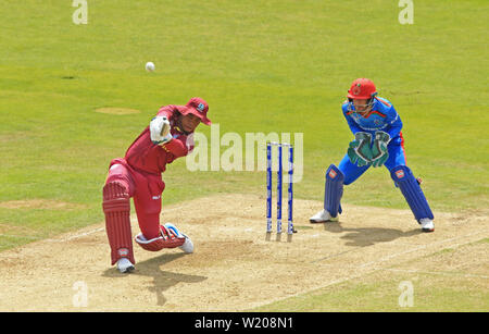 Leeds, UK. 04th July, 2019. Shimron Hetmyer of West Indies hits the ball for six runs during the Afghanistan v West Indies, ICC Cricket World Cup match, at Headingley, Leeds, England. Credit: csm/Alamy Live News Stock Photo