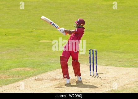 Leeds, UK. 04th July, 2019. Evin Lewis of West Indies hits the ball for six runs during the Afghanistan v West Indies, ICC Cricket World Cup match, at Headingley, Leeds, England. Credit: csm/Alamy Live News Stock Photo