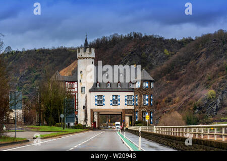 Castle of the Leyen, road passing the castle near Kobern Gondorf on the Moselle River, Germany. Stock Photo