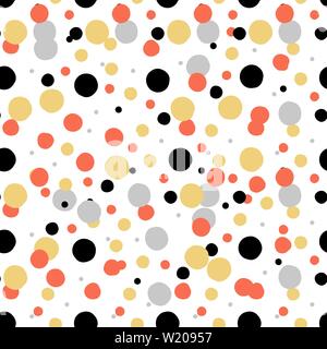 Ditsy vector polka dot pattern with random hand painted circles in white, black, coral red, silver, gold colors. Seamless texture in vintage 1960s fas Stock Vector