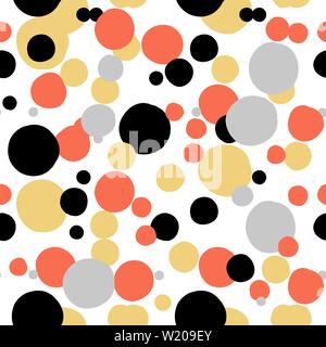 Ditsy vector polka dot pattern with random hand painted circles in white, black, coral red, silver, gold colors. Seamless texture in vintage 1960s fas Stock Vector