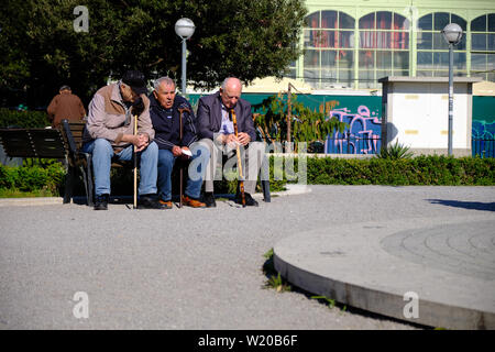 Three elderly man, sitting on a park bench having a discussion in , Croatia. Stock Photo