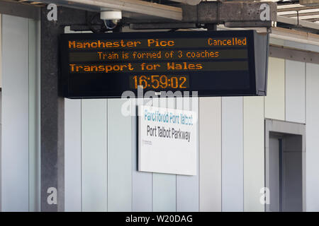 Margam, Wales, UK. 3rd July, 2019. A screen with a list of cancelled services on one of the platforms of the Port Talbot Parkway railway station in south Wales, UK. Wednesday 03 July 2019 Re: Two rail workers have died after being hit by a passenger train between Port Talbot Parkway and Bridgend stations in south Wales, UK. The pair were struck near Margam by the Swansea to London Paddington train at about 10am. They were pronounced dead at the scene and a third person was treated for shock, but was not injured. Credit: ATHENA PICTURE AGENCY LTD/Alamy Live News Stock Photo