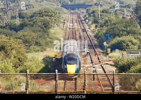 Margam, Wales, UK. 3rd July, 2019. The stranded train on the tracks near Margam in south Wales, UK. Wednesday 03 July 2019 Re: Two rail workers have died after being hit by a passenger train between Port Talbot Parkway and Bridgend stations in south Wales, UK. The pair were struck near Margam by the Swansea to London Paddington train at about 10am. They were pronounced dead at the scene and a third person was treated for shock, but was not injured. Credit: ATHENA PICTURE AGENCY LTD/Alamy Live News Stock Photo