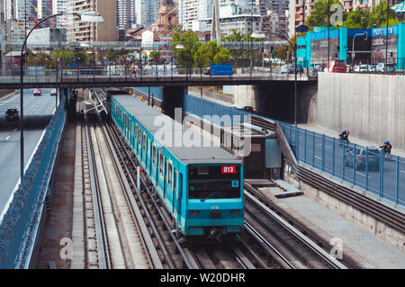 SANTIAGO, CHILE - OCTOBER 2015. Metro de Santiago NS74 train between Santa Ana and Los Héroes stations Stock Photo