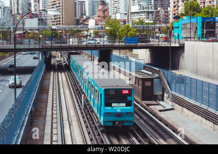 SANTIAGO, CHILE - OCTOBER 2015. Metro de Santiago NS74 train between Santa Ana and Los Héroes stations Stock Photo