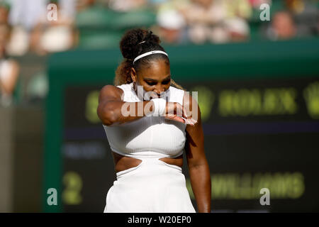London, UK. 04th July, 2019. LONDON, ENGLAND - JULY 04: Serena Williams attends day four of the Wimbledon Tennis Championships at All England Lawn Tennis and Croquet Club on July 04, 2019 in London, England. People: Serena Williams Credit: Storms Media Group/Alamy Live News Stock Photo