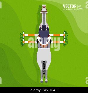 Equestrian sport. Poster. Jockey riding jumping horse. Competitions. Top view. Vector illustration Stock Vector