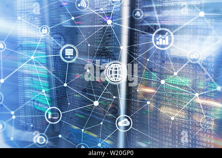 ICT - information and telecommunication technology and IOT - internet of things concepts. Diagrams with icons on server room backgrounds Stock Photo