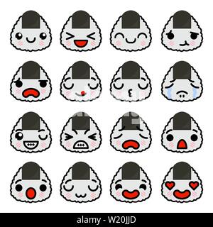 Set of Emoji Onigiri icons with different emotions. Vector illustration Stock Vector