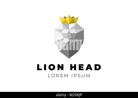 Polygonal geometric low poly lion head with gold crown. Triangle origami polygon gray vector illustration Stock Vector