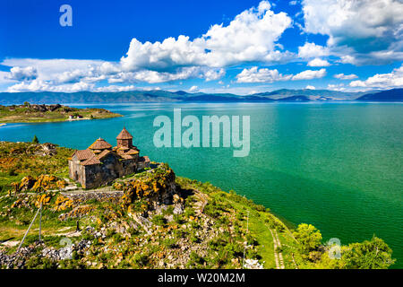 Aerial view of Hayravank monastery on the shores of lake Sevan in Armenia Stock Photo