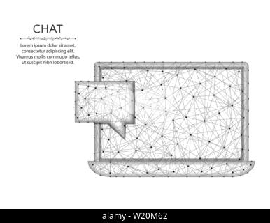 Chat low poly design, Laptop in polygonal style, one new message wire frame vector illustration on a white background Stock Vector