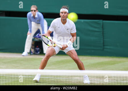 Wimbledon, London, UK. 4th July 2019. Rafael Nadal of Spain during the men's singles second round match of the Wimbledon Lawn Tennis Championships against Nick Kyrgios of Australia at the All England Lawn Tennis and Croquet Club in London, England on July 4, 2019. Credit: AFLO/Alamy Live News Stock Photo