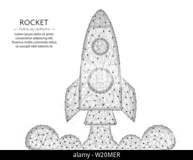 Rocket low poly design, shuttle launch in polygonal style, space ship wire frame vector illustration on a white background Stock Vector
