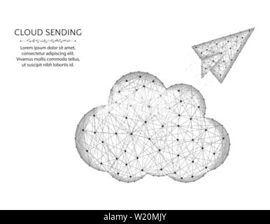 Cloud low poly design, paper airplane in polygonal style, cloud sending wire frame vector illustration on a white background Stock Vector