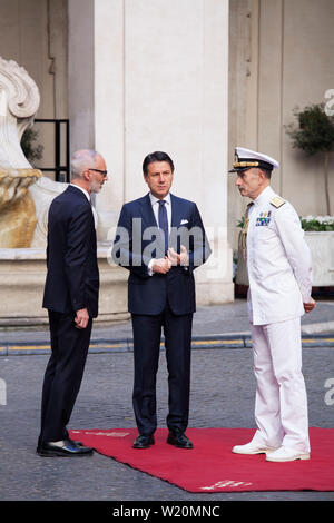 Giuseppe Conte, Italy's prime minister, waits for Vladimir Putin, Russia's president, to arrive ahead of their meeting at the Chigi palace in Rome, Italy Stock Photo