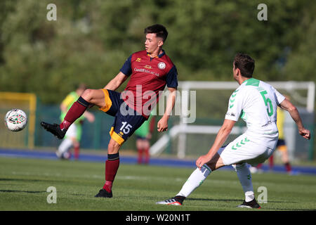 Cardiff, UK. 04th July, 2019. Jordan Lam of Cardiff Met (15) in action. UEFA Europa league preliminary qualifying round match, 2nd leg, Cardiff Metropolitan University (Wales) v FC Progres Niederkorn (Luxembourg) at Cardiff International Sports campus Stadium in Cardiff, South Wales on Thursday 4th July 2019. Editorial Usage Only. pic by Andrew Orchard/Andrew Orchard sports photography/Alamy Live News Credit: Andrew Orchard sports photography/Alamy Live News Stock Photo