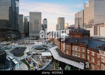 Japan cityscape at dusk. Tokyo at the Marunouchi business district and Tokyo railway station highrise building at evening time in Japan. Stock Photo