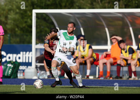 Cardiff, UK. 04th July, 2019. Tom Laterza of FC Progres Niederkorn (centre) in action. UEFA Europa league preliminary qualifying round match, 2nd leg, Cardiff Metropolitan University (Wales) v FC Progres Niederkorn (Luxembourg) at Cardiff International Sports campus Stadium in Cardiff, South Wales on Thursday 4th July 2019. Editorial Usage Only. pic by Andrew Orchard/Andrew Orchard sports photography/Alamy Live News Credit: Andrew Orchard sports photography/Alamy Live News Stock Photo