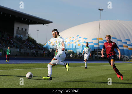 Cardiff, UK. 04th July, 2019. Tim Hall of FC Progres Niederkorn (l) in action. UEFA Europa league preliminary qualifying round match, 2nd leg, Cardiff Metropolitan University (Wales) v FC Progres Niederkorn (Luxembourg) at Cardiff International Sports campus Stadium in Cardiff, South Wales on Thursday 4th July 2019. Editorial Usage Only. pic by Andrew Orchard/Andrew Orchard sports photography/Alamy Live News Credit: Andrew Orchard sports photography/Alamy Live News Stock Photo