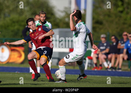 Cardiff, UK. 04th July, 2019. Kyle McCarthy of Cardiff Met (3) in action. UEFA Europa league preliminary qualifying round match, 2nd leg, Cardiff Metropolitan University (Wales) v FC Progres Niederkorn (Luxembourg) at Cardiff International Sports campus Stadium in Cardiff, South Wales on Thursday 4th July 2019. Editorial Usage Only. pic by Andrew Orchard/Andrew Orchard sports photography/Alamy Live News Credit: Andrew Orchard sports photography/Alamy Live News Stock Photo