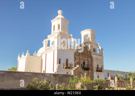 Exterior of the San Xavier Mission is the one of the oldest structures in Arizona and was built in 1692 and is in Tucson, Arizona, USA. Stock Photo