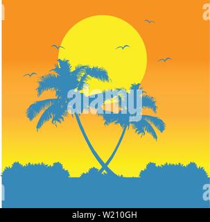 Silhouette of beach landscape in the afternoon vector design Stock Vector