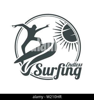 Summer surfing sports vector logo , surf board and ocean wave. Summer sport surfing, illustration of sport surf board badge Stock Vector