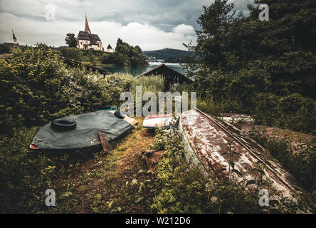 Church of Maria Worth at Lake Woerthersee near Velden in Austria during Summer - in the morning Stock Photo
