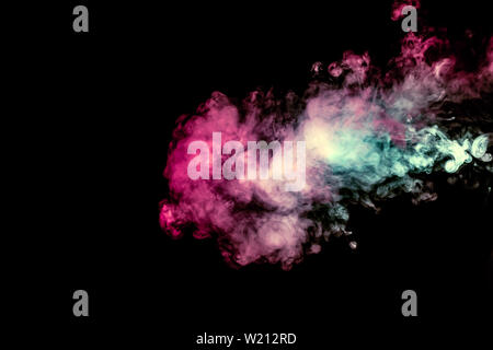 Colored background with winding clouds of smoke from patterns of different forms of pink, green and blue colors with tongues of flame on a black isola Stock Photo