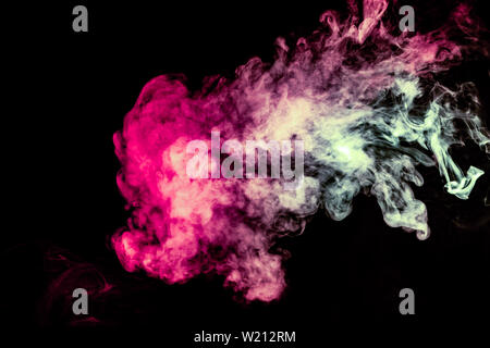 Colored background with winding clouds of smoke from patterns of different forms of pink, green and blue colors with tongues of flame on a black isola Stock Photo