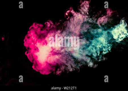 Colored background with winding clouds of smoke from patterns of different forms of pink, green and blue colors with tongues of flame on a black isola Stock Photo
