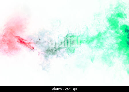 Colored background with winding clouds of smoke from patterns of different forms of red, green colors with tongues of flame on a white isolated backgr Stock Photo