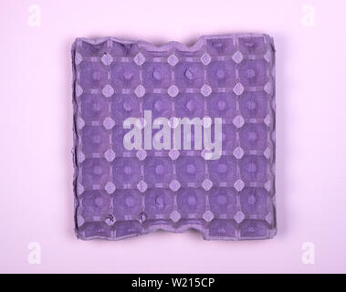 purple protective tray for raw chicken eggs with cells, full frame, close up Stock Photo