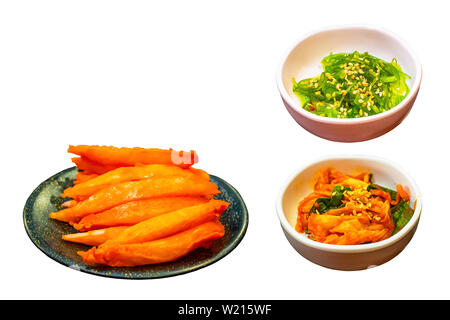 Crab sticks , Chinese cabbage fermented  and Wakame seaweed on a white background. Stock Photo