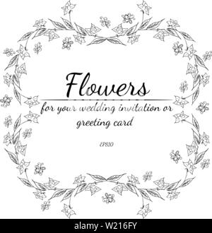 Wreath of black roses or peonies flowers and branches on white background. Foral frame design elements for invitations, greeting cards, posters, blogs Stock Vector