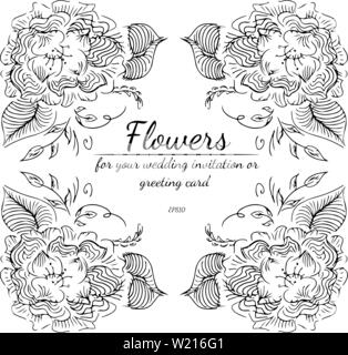 Wreath of black roses or peonies flowers and branches on gray background. Foral frame design elements for invitations, greeting cards, posters, blogs. Stock Vector