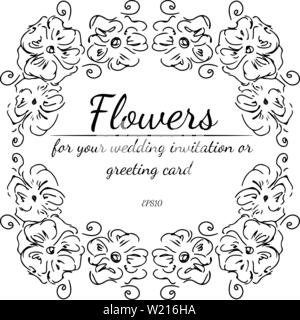 Wreath of roses or peonies flowers and branches isolated on white background. Foral frame design elements for invitations, greeting cards, posters. Ha Stock Vector