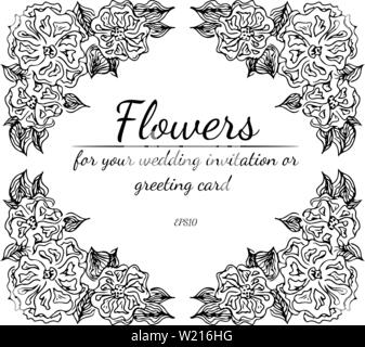 Wreath of roses or peonies flowers and branches isolated on white background. Foral frame design elements for invitations, greeting cards, posters. Ha Stock Vector