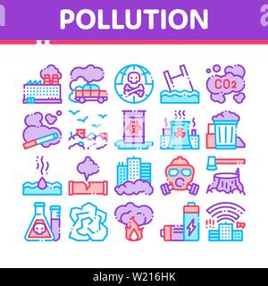 Pollution of Nature Vector Thin Line Icons Set Stock Vector