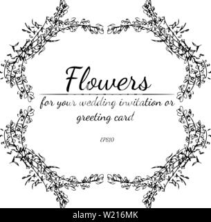 Wreath of roses or peonies flowers and branches isolated on white background. Foral frame design elements for invitations, greeting cards, posters. Ha Stock Vector