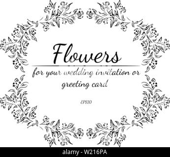 Wreath of roses or peonies flowers and branches isolated on white background. Foral frame design elements for invitations, greeting cards, posters. Ha Stock Vector