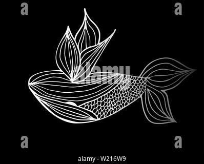 Abstract hand drawn whale isolated on black background. Vector illustration. Outline. Line art. Sketch. Stock Vector